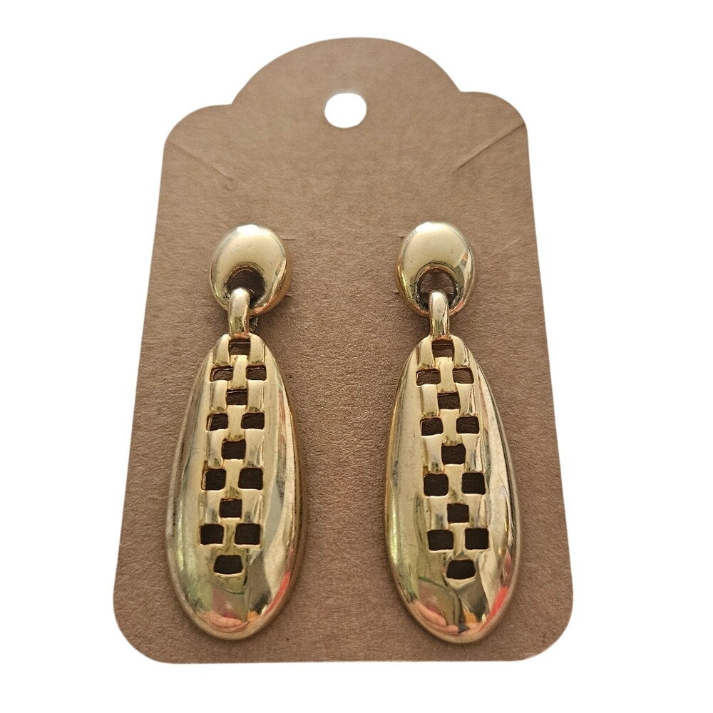 Vintage‎ Gold Tone Brickwork Cutout Drop Earrings 80s 90s Costume Jewelry